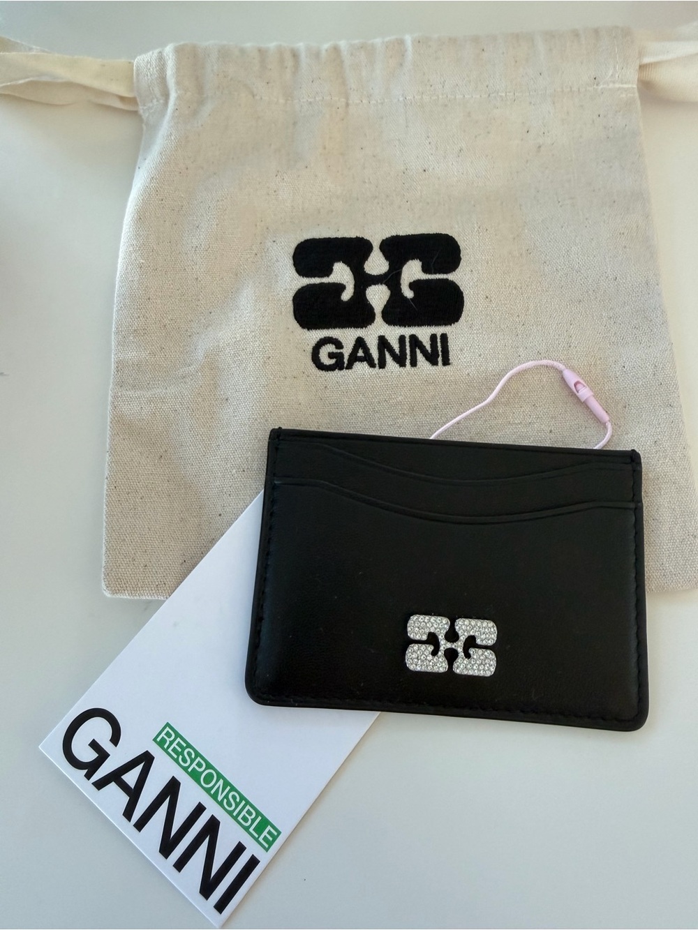 Ganni Black Leather Slim Cardholder with Embossed Logo
